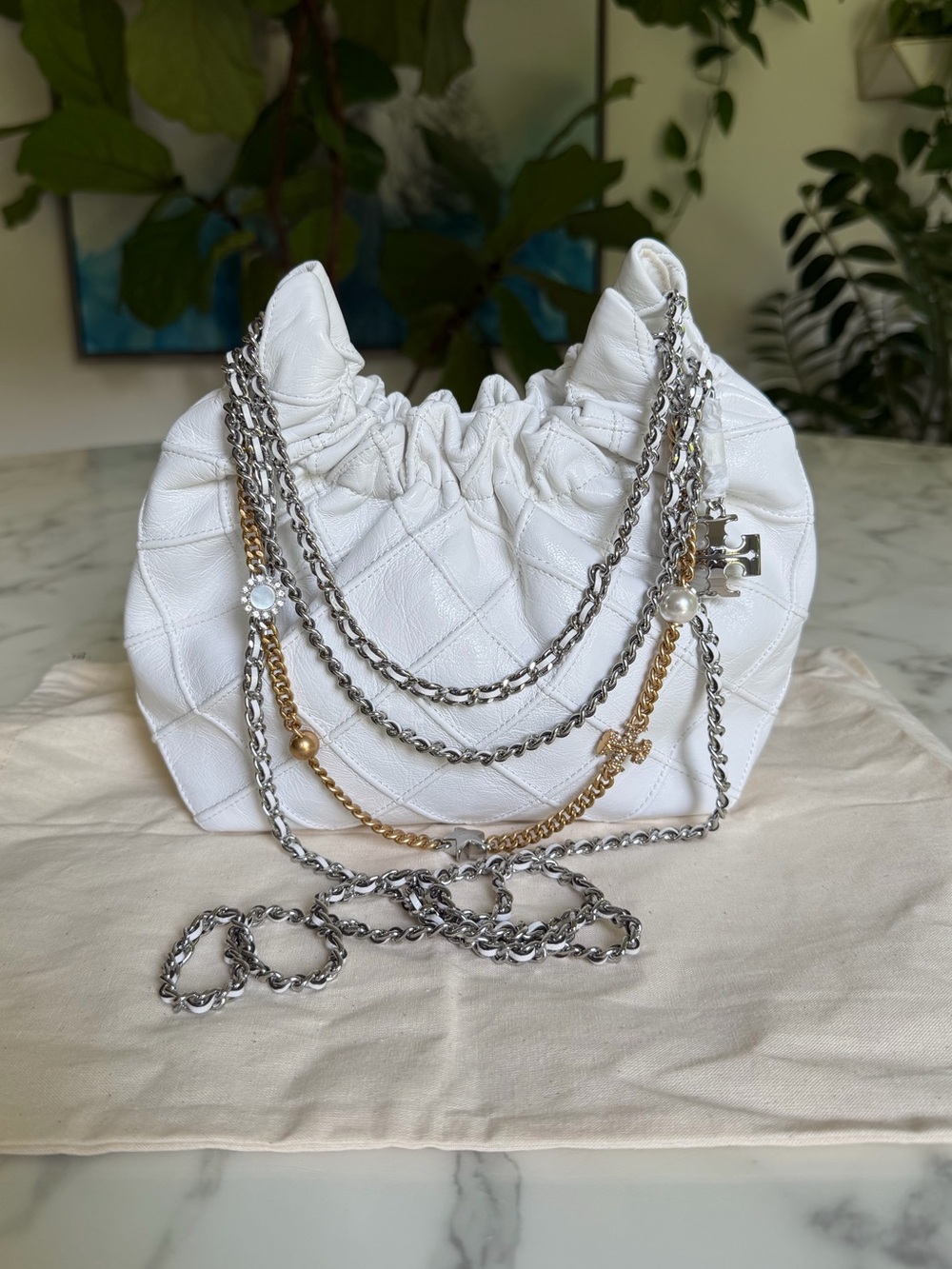 Tory Burch Mini Fleming Soft Distressed Hobo Bag Blanc White Chain Crossbody